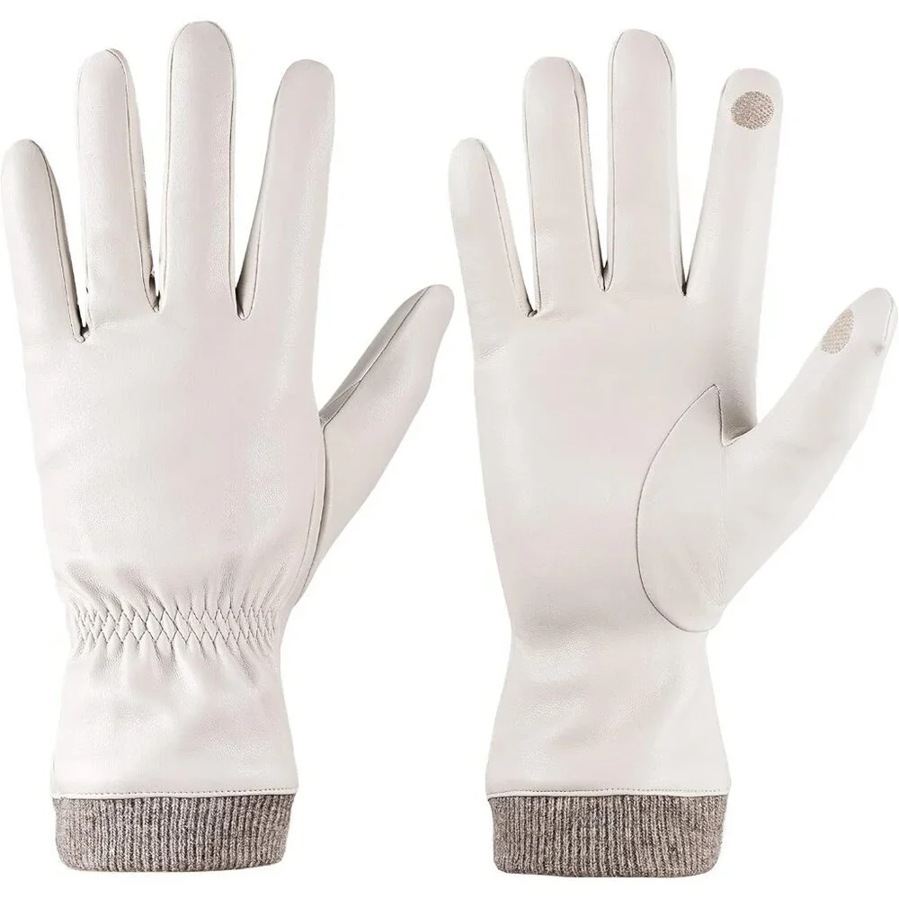 Women's Beige Wool Fleece Lined Warm Touchscreen Thick Thermal Snow Gloves